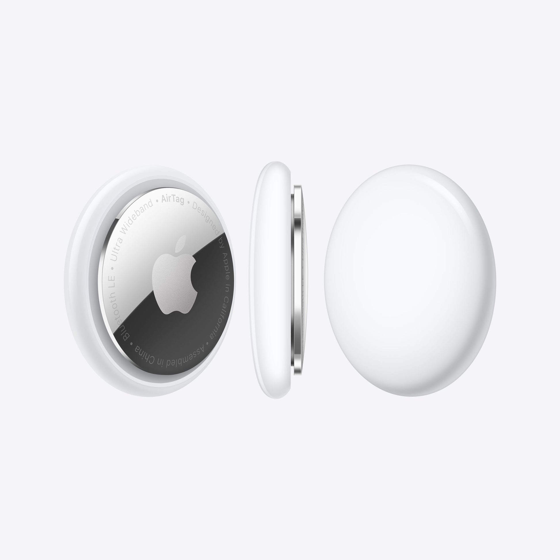 Apple AirTag 4-pak, smarte sporingsenheder med Apple-logo, side- og taskevisning, Find-netværk integration.