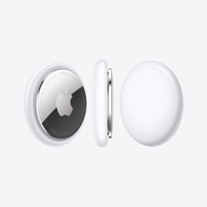 Apple AirTag 4-pak, smarte sporingsenheder med Apple-logo, side- og taskevisning, Find-netværk integration.