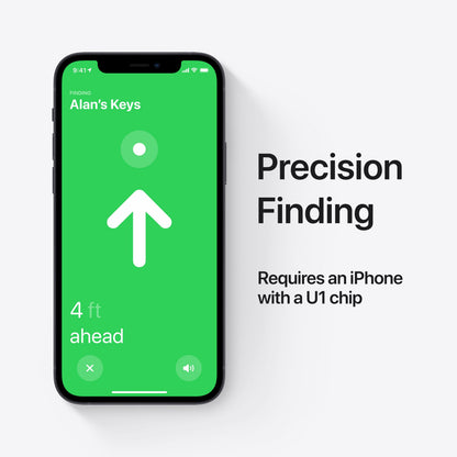 Apple AirTag 4-pak, Precision Finding, kræver iPhone med U1-chip, iPhone viser Alans Keys og vej-pil.