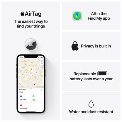 Apple AirTag 4-pak med iPhone vises, Find My app sporing, udskifteligt batteri, vand- og støvmodstand.