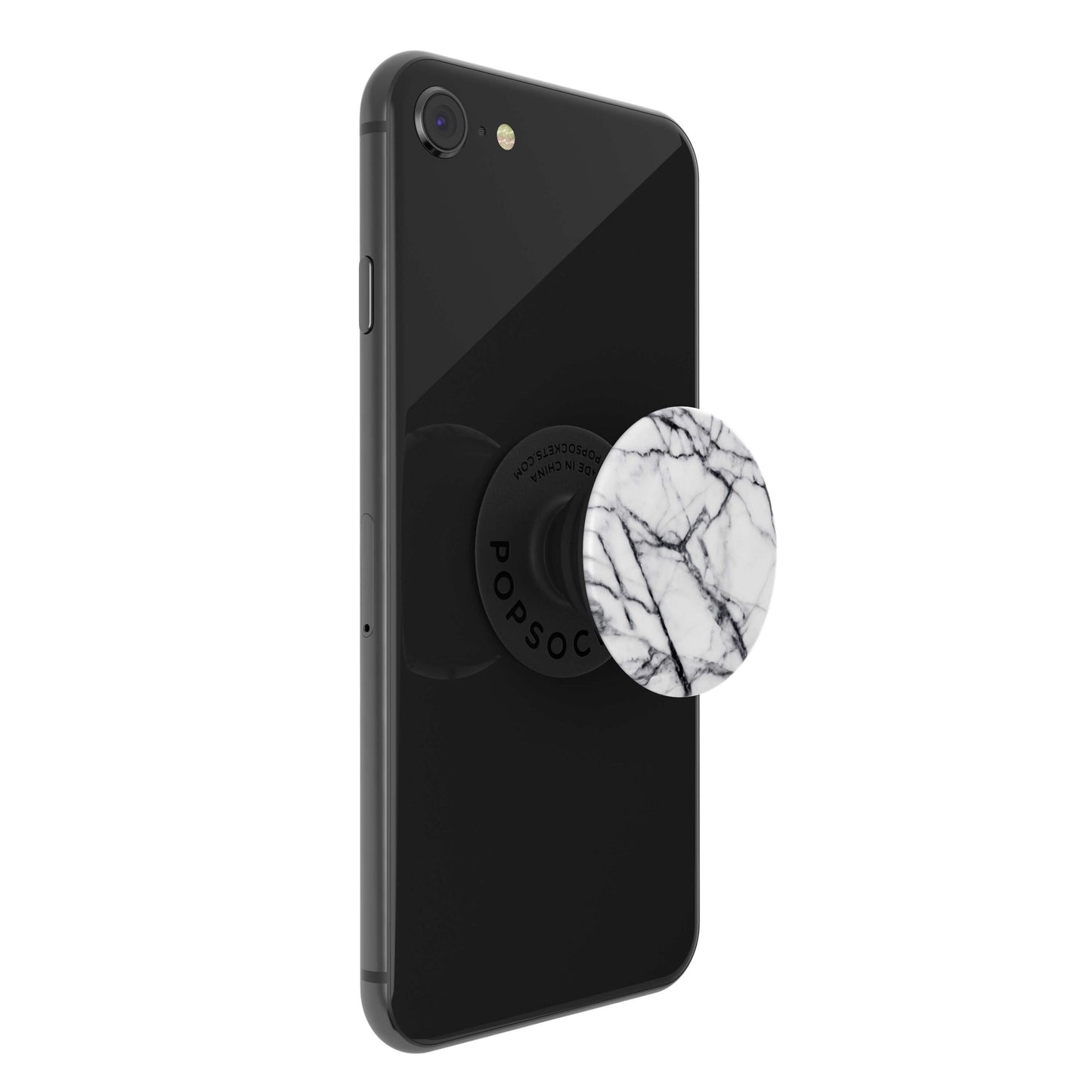 Sortér smartphone med Popsockets eftertageligt greb til mobil, hvid marmor.