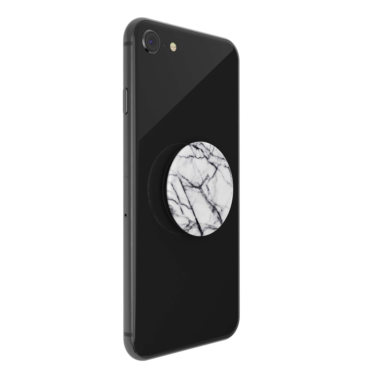 Sort smartphone med Popsockets aftageligt greb til mobil, Hvid marmor, monteret bagpå, både greb og kamera synlige.