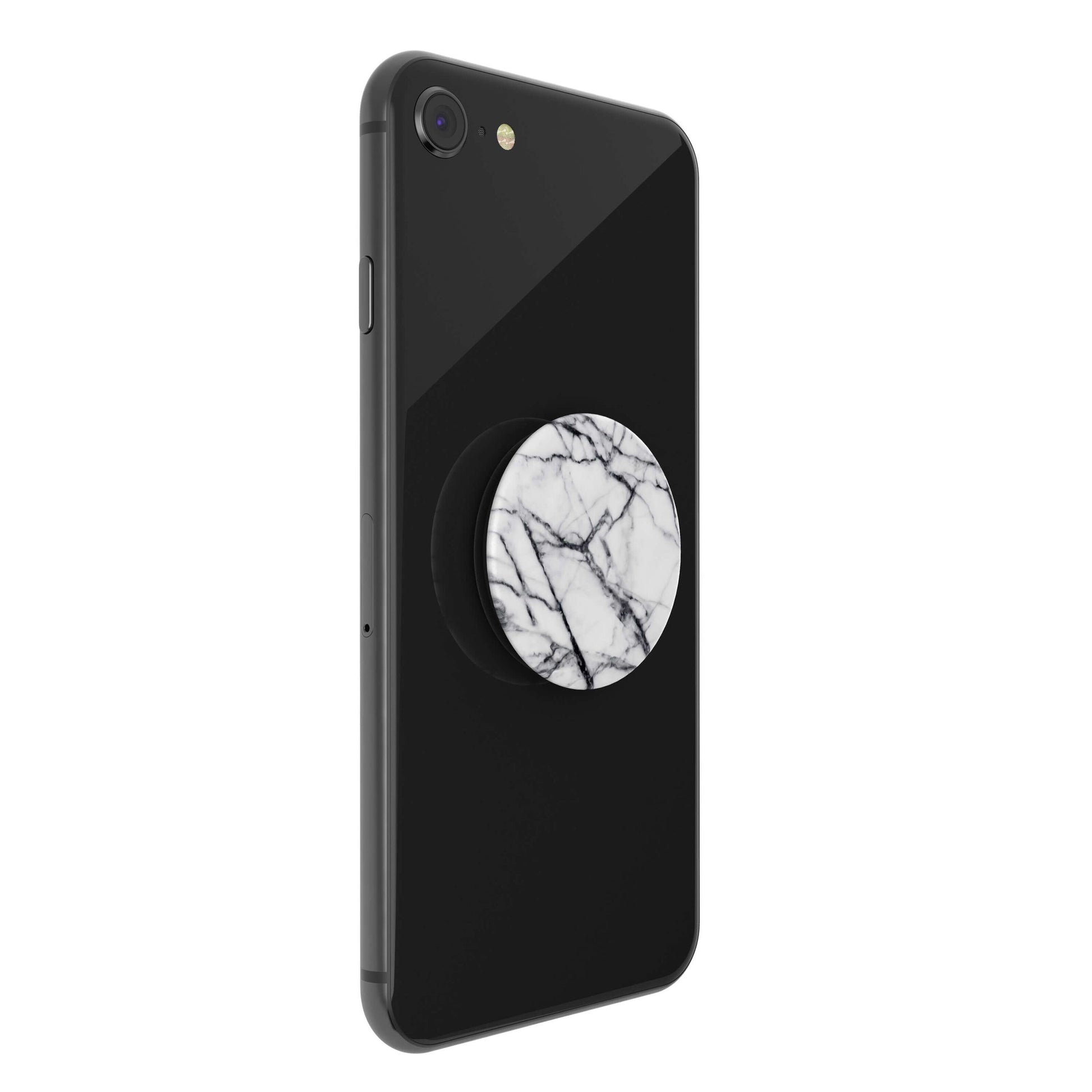 Sort smartphone med Popsockets aftageligt greb til mobil, Hvid marmor, monteret bagpå, både greb og kamera synlige.