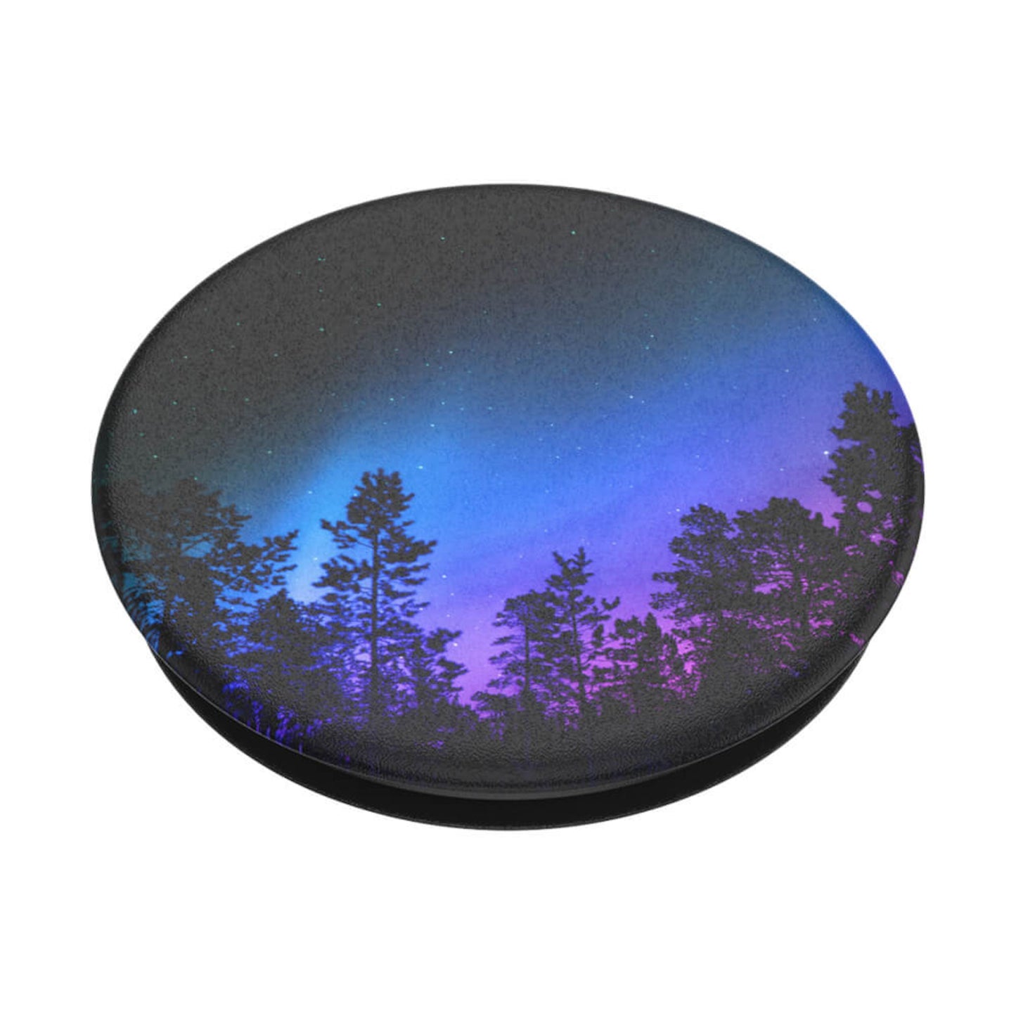 Popsockets aftageligt mobilgreb Aurora Woods med fyrretræer og stjernehimmel i blå/lilla nuancer, trådløs opladning.