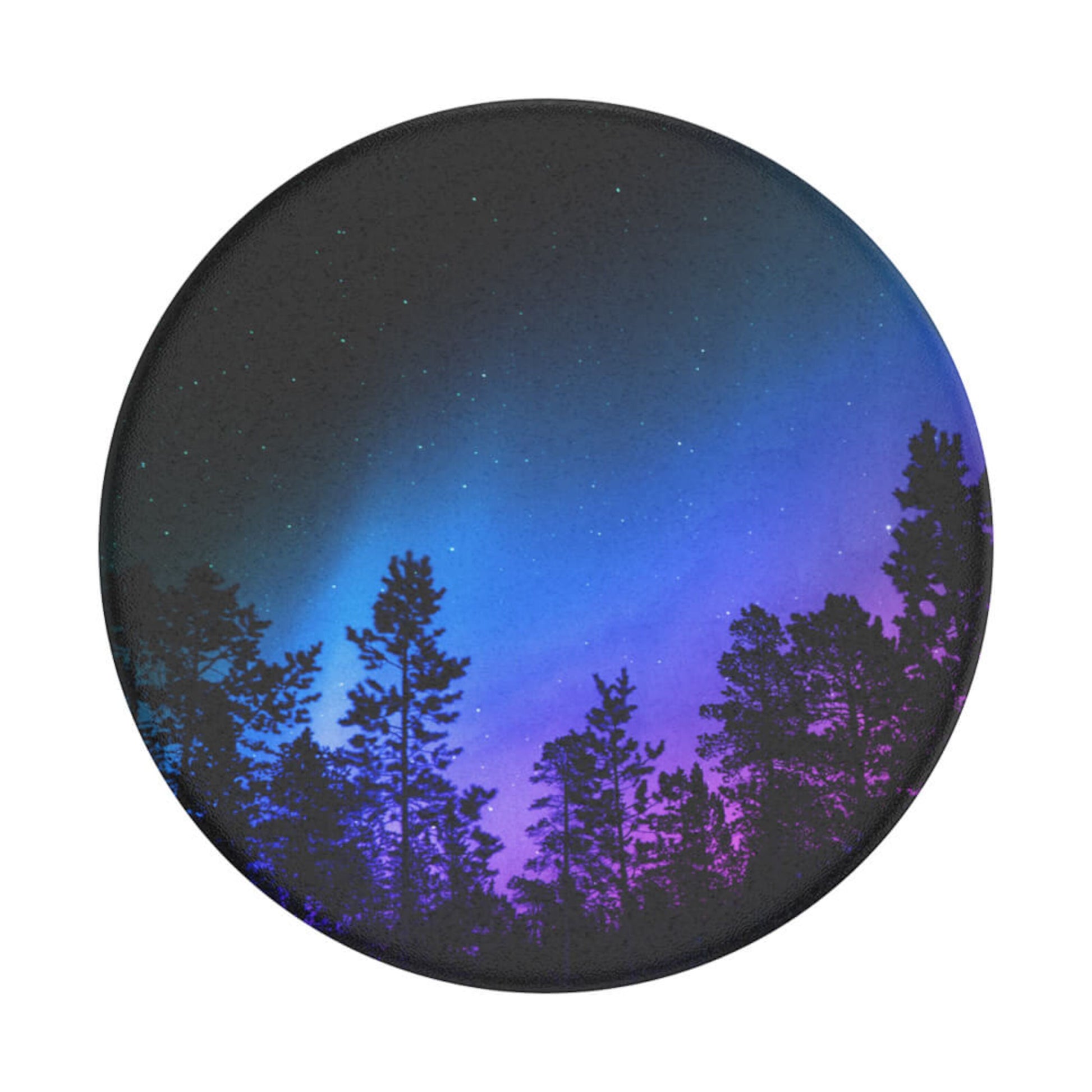 Popsockets aftageligt mobilgreb Aurora Woods, cirkelmotiv med blå/lilla nordlys over fyrretræer og svage stjerner.