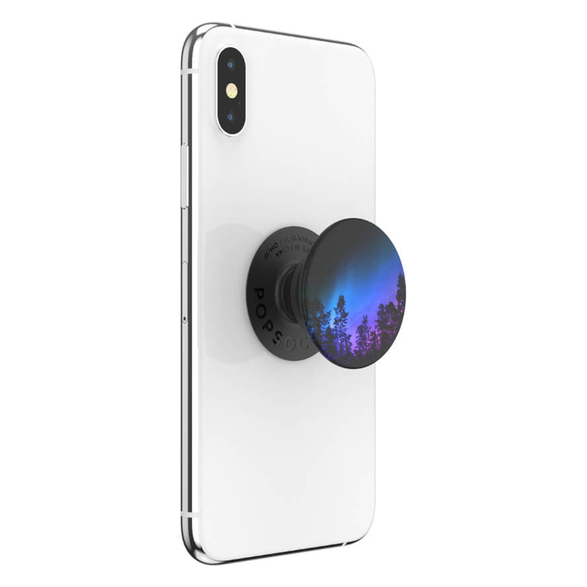 Popsockets Aurora Woods aftageligt sort greb på hvid smartphone, motiv med træsilhuetter mod blå-lilla nattehimmel.