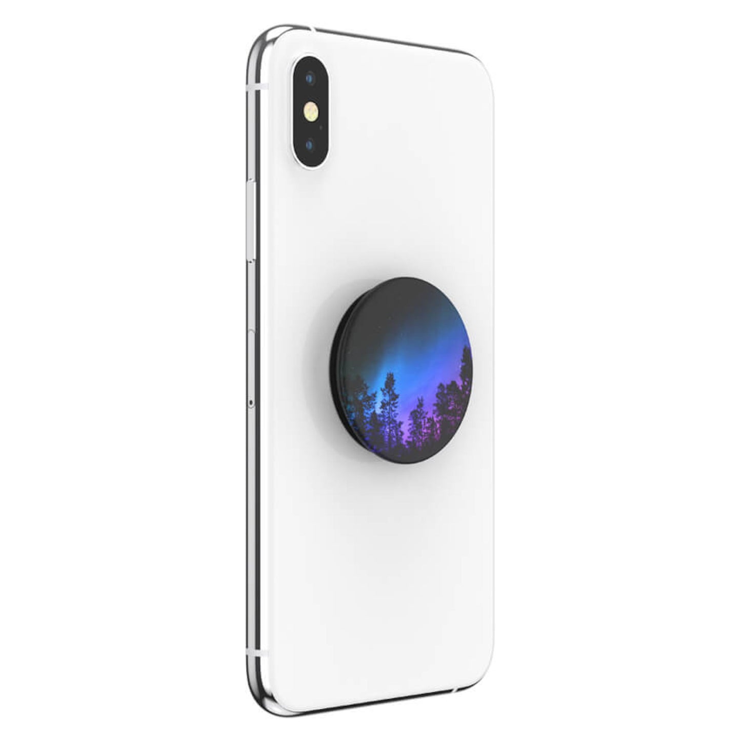 Popsockets Aftageligt greb Aurora Woods til mobil, sort med silhuettræer på blå/lilla nattehimmel, trådløs opladning.