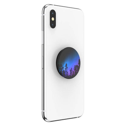 Popsockets Aftageligt greb Aurora Woods til mobil, sort med silhuettræer på blå/lilla nattehimmel, trådløs opladning.
