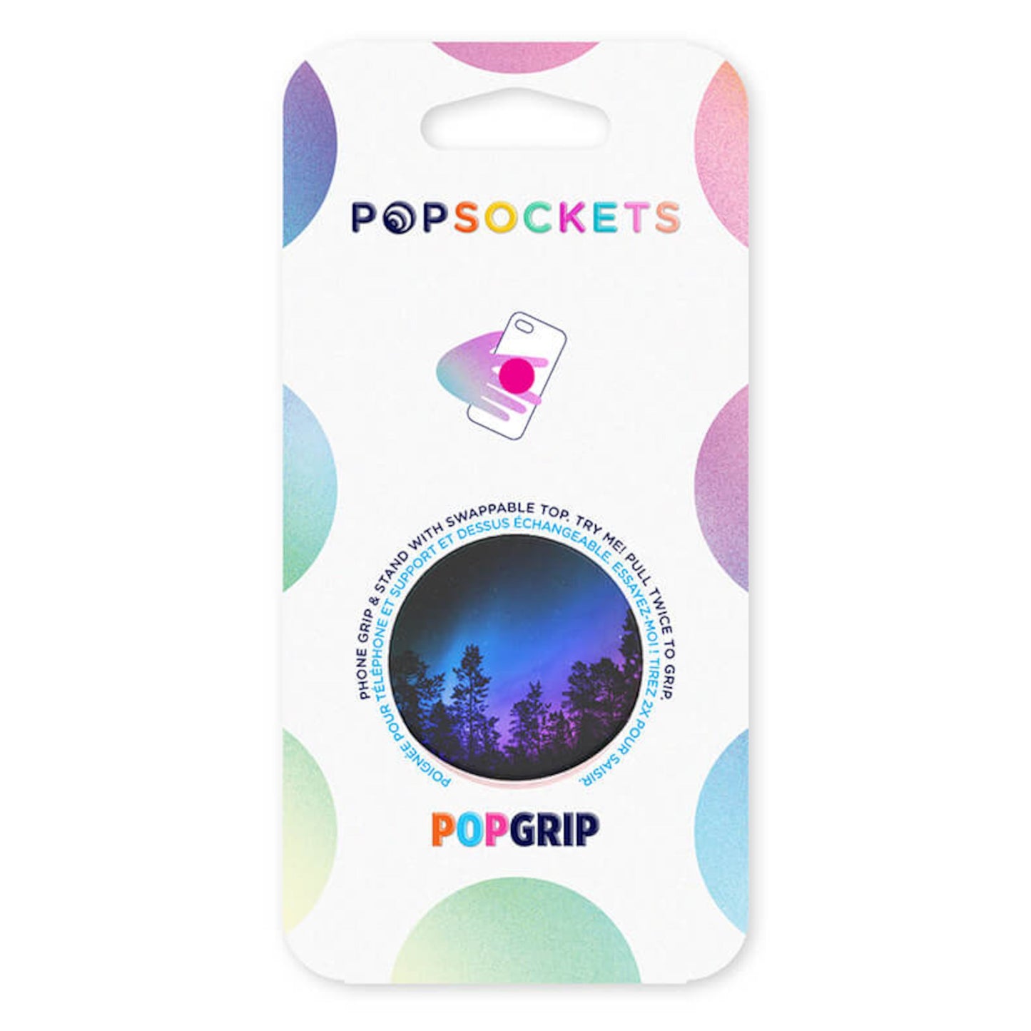 Popsockets PopGrip Aurora Woods i rektangulær æske med logo, mobilgrafik og vindue til nattehimmel-træ design.