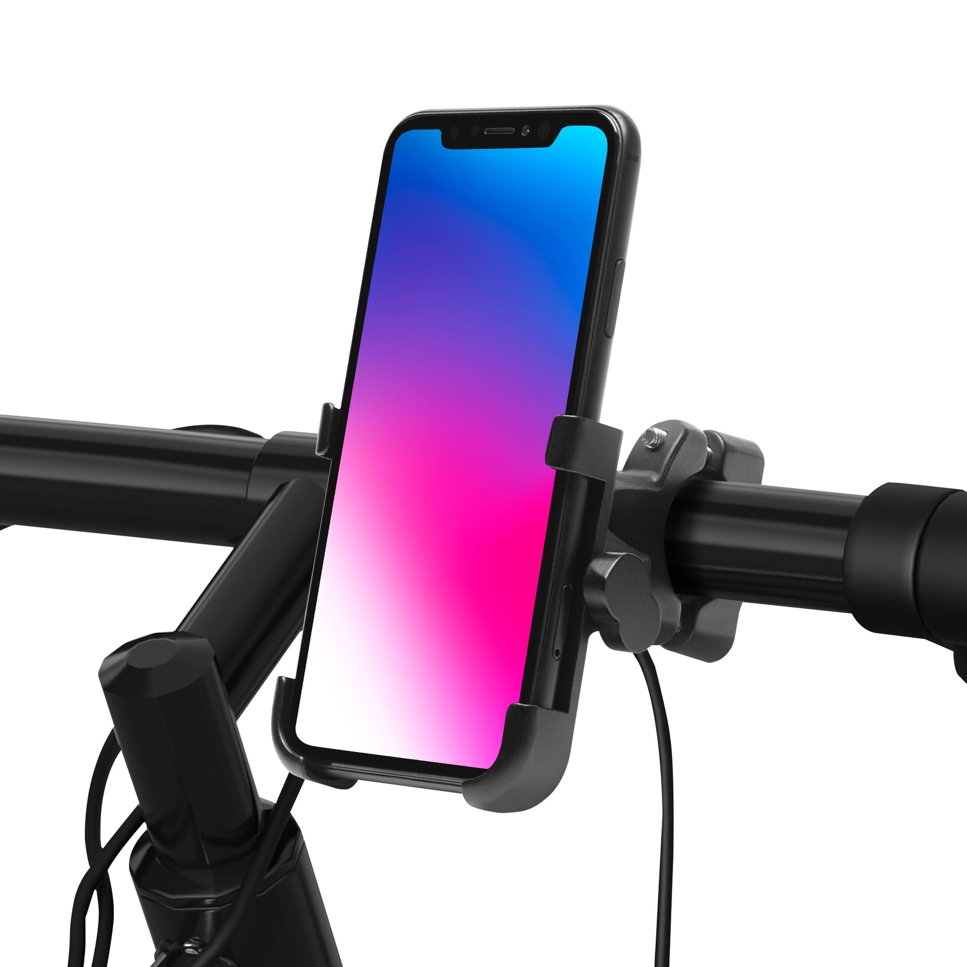 Smartphone med gradient-skærm i sort drejelig mobilholder til cykel, ledninger synlige ved styret.