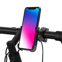Smartphone med gradient-skærm i sort drejelig mobilholder til cykel, ledninger synlige ved styret.