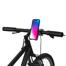 Linocell Drejelig mobilholder til cykel monteret på sorte cykelstyr, viser mobilskærm ved bremsegreb og kabler.
