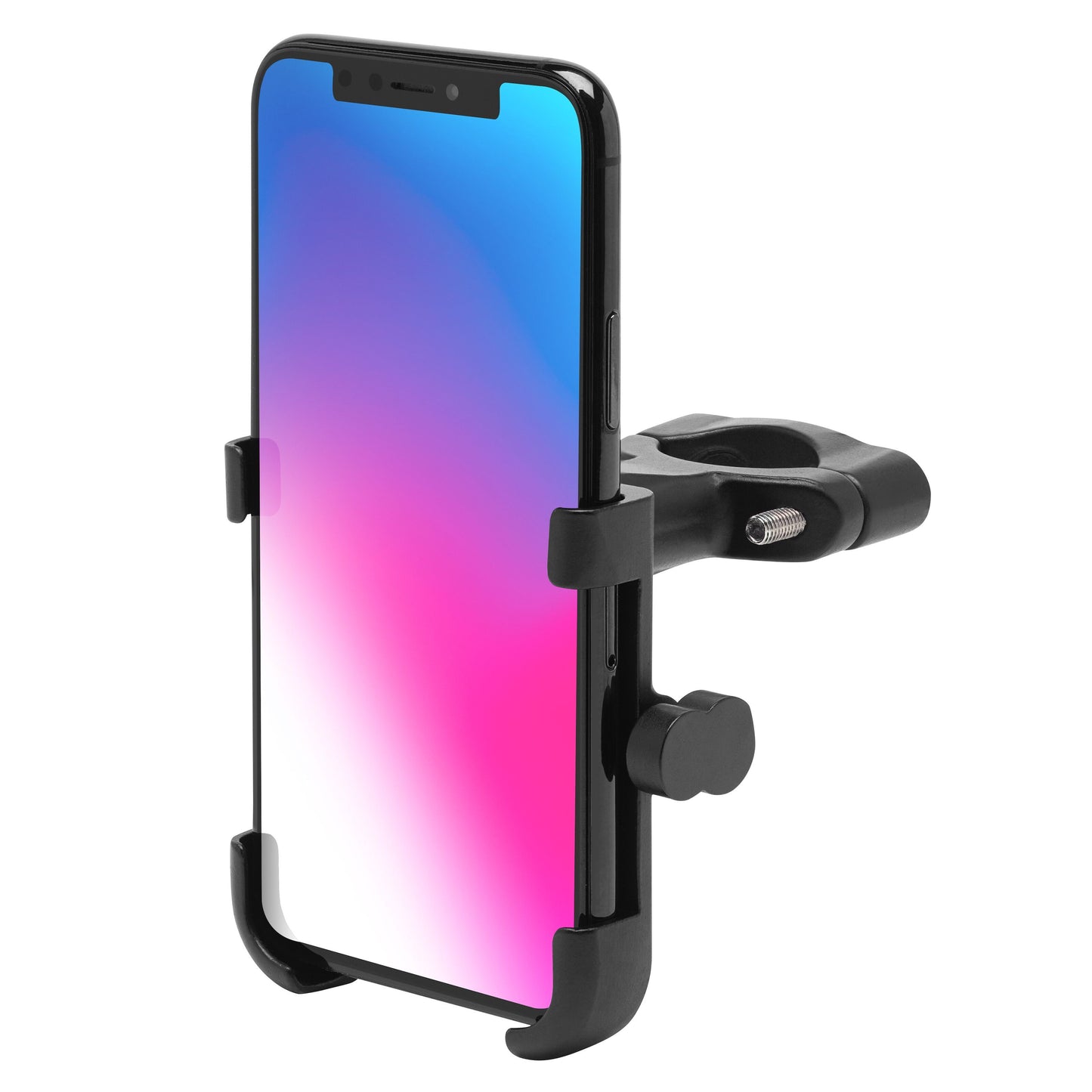 Linocell Drejelig mobilholder til cykel med justerbare klemmer og skrueknap sikrer fastgørelse af mobil.