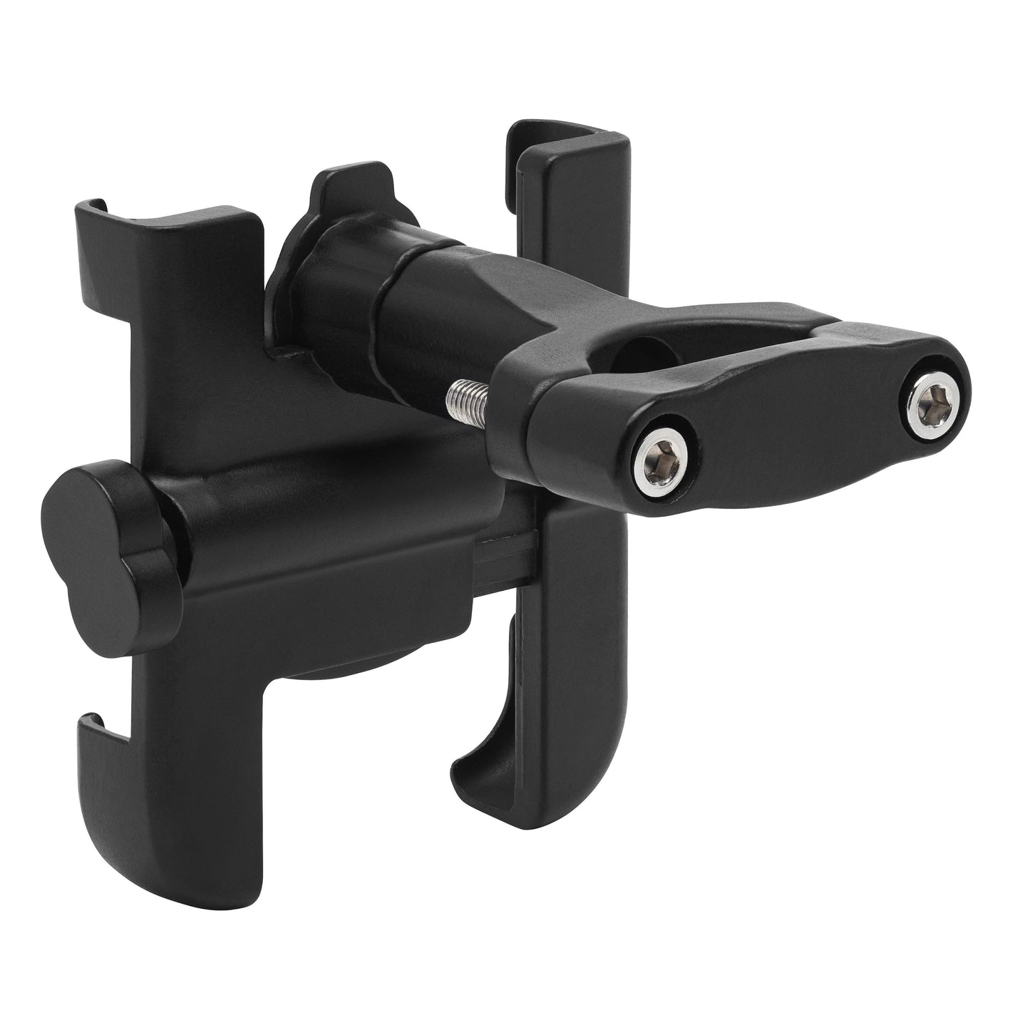 Linocell Drejelig mobilholder til cykel i sort plast og metal, justerbar klemme med to synlige skruer og spændemekanisme.