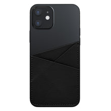 Sort smartphone med Linocell selvklæbende kortholder i sort læder bagpå, til diagonale kortlommer.