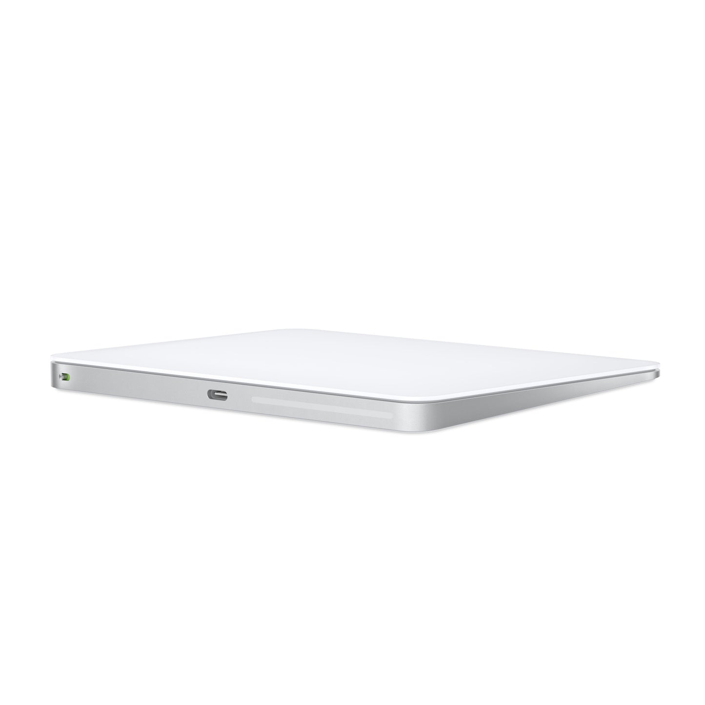 Apple Magisk Trackpad, sølv, rektangulær, ekstern med USB-C port, indikatorlys og Multi-Touch interface, trådløs funktion.