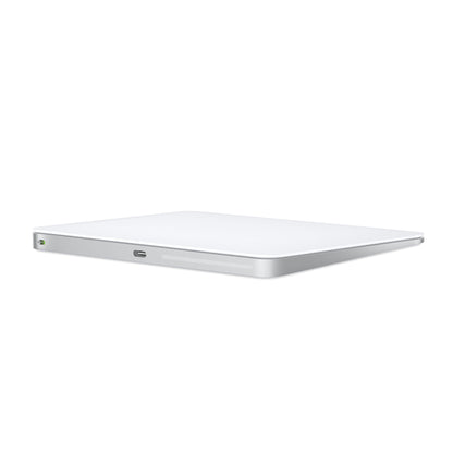 Apple Magisk Trackpad, sølv, rektangulær, ekstern med USB-C port, indikatorlys og Multi-Touch interface, trådløs funktion.