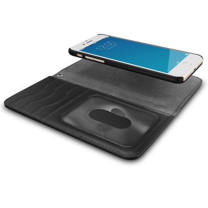 IPhone SE over sort magnetisk mobilpung til iPhone 6/7/8/SE med kortholder og gennemsigtigt ID-vindue, skærm viser 12:00.