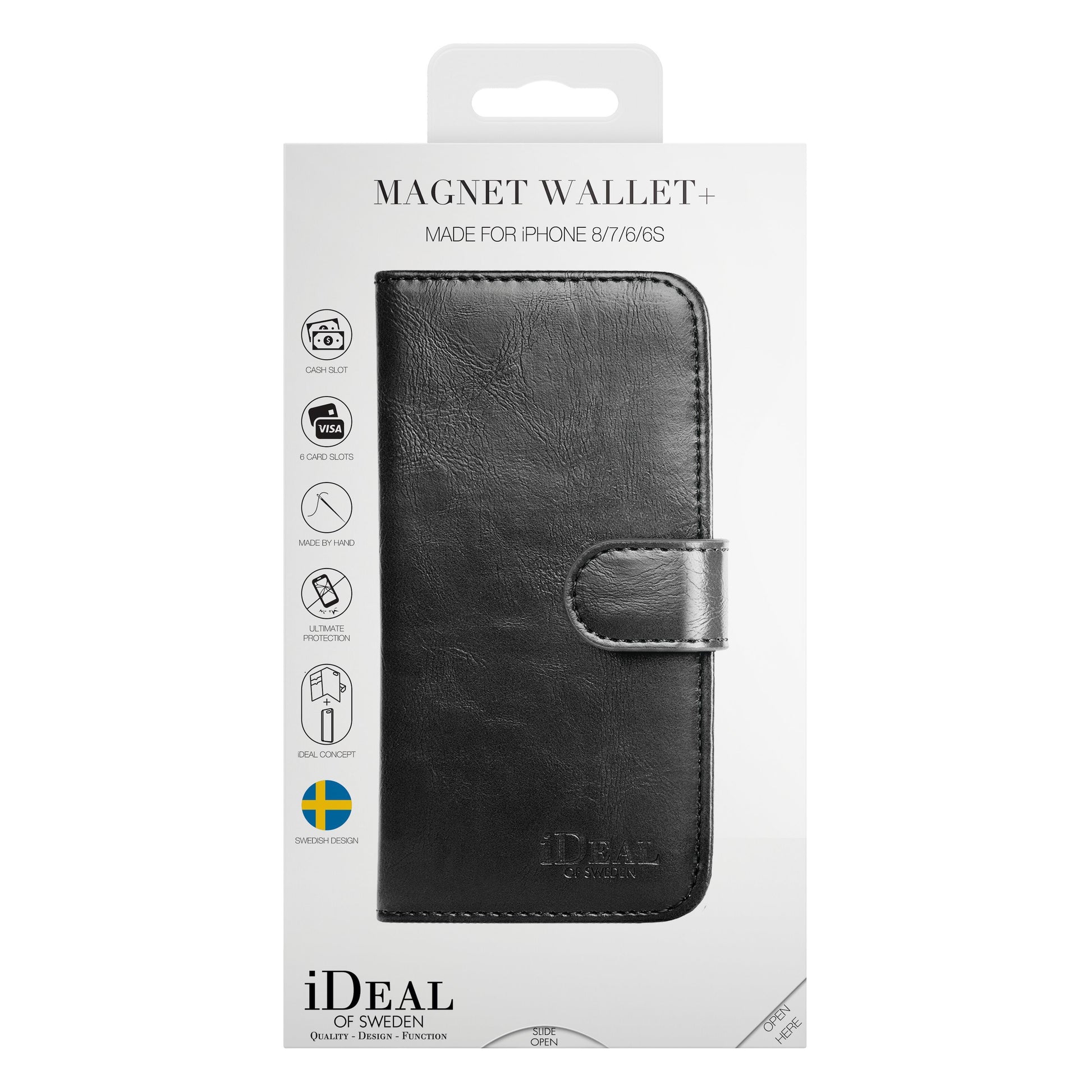 IDEAL OF SWEDEN magnetisk mobilpung til iPhone 6/7/8/SE Sort, front af emballage med produkt og logo.