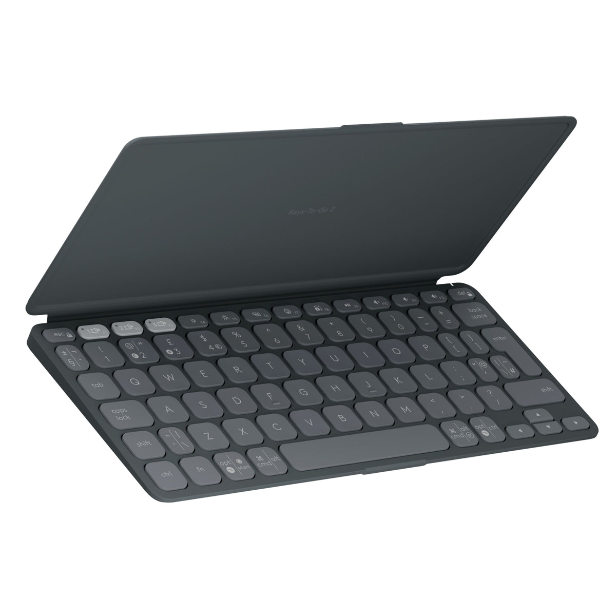 Logitech Keys-To-Go 2 – et Bluetooth-tastatur med integreret cover, der kan klappes tilbage, kompatibelt med PC og tablet.