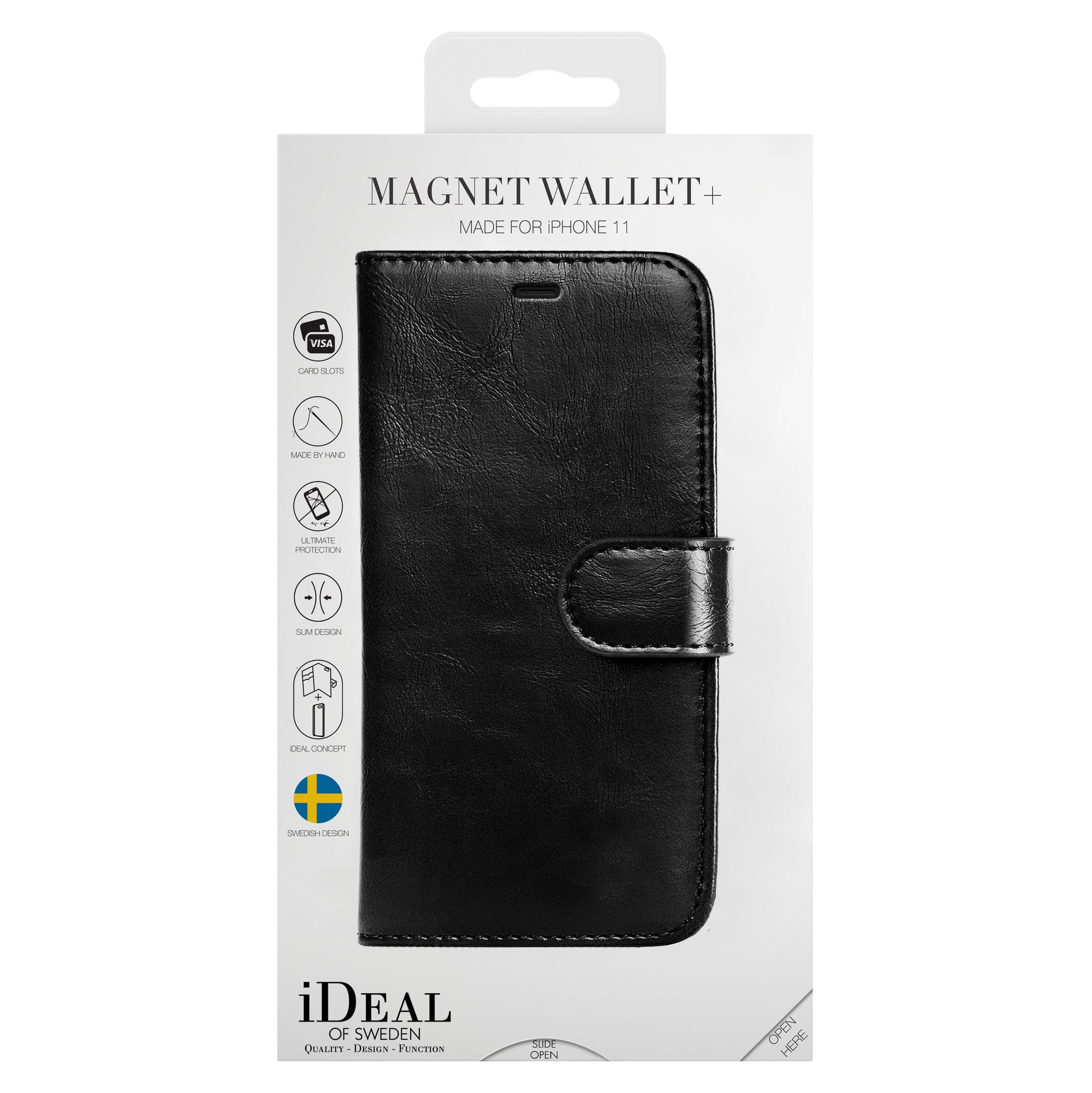 IDEAL OF SWEDEN magnetisk mobilpung iPhone Xr/11 Sort, æske med svensk flag og MAGNET WALLET+ tekst.