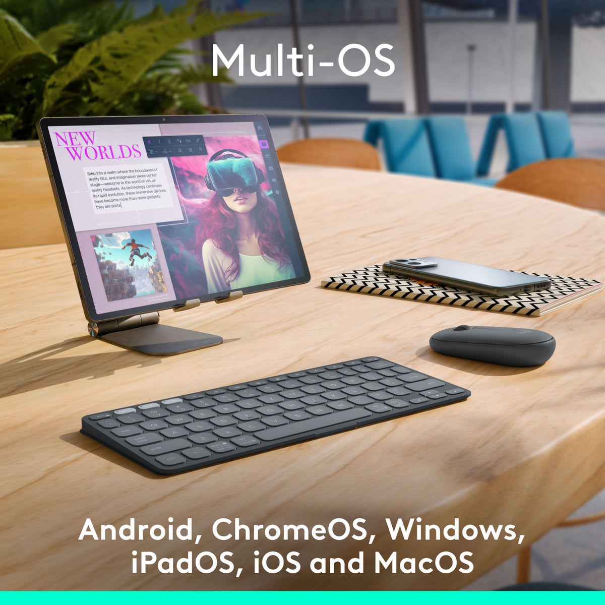 Logitech Keys-To-Go 2 – et bærbart Bluetooth-tastatur til brug på skrivebordet sammen med en tablet, en smartphone og en trådløs mus.