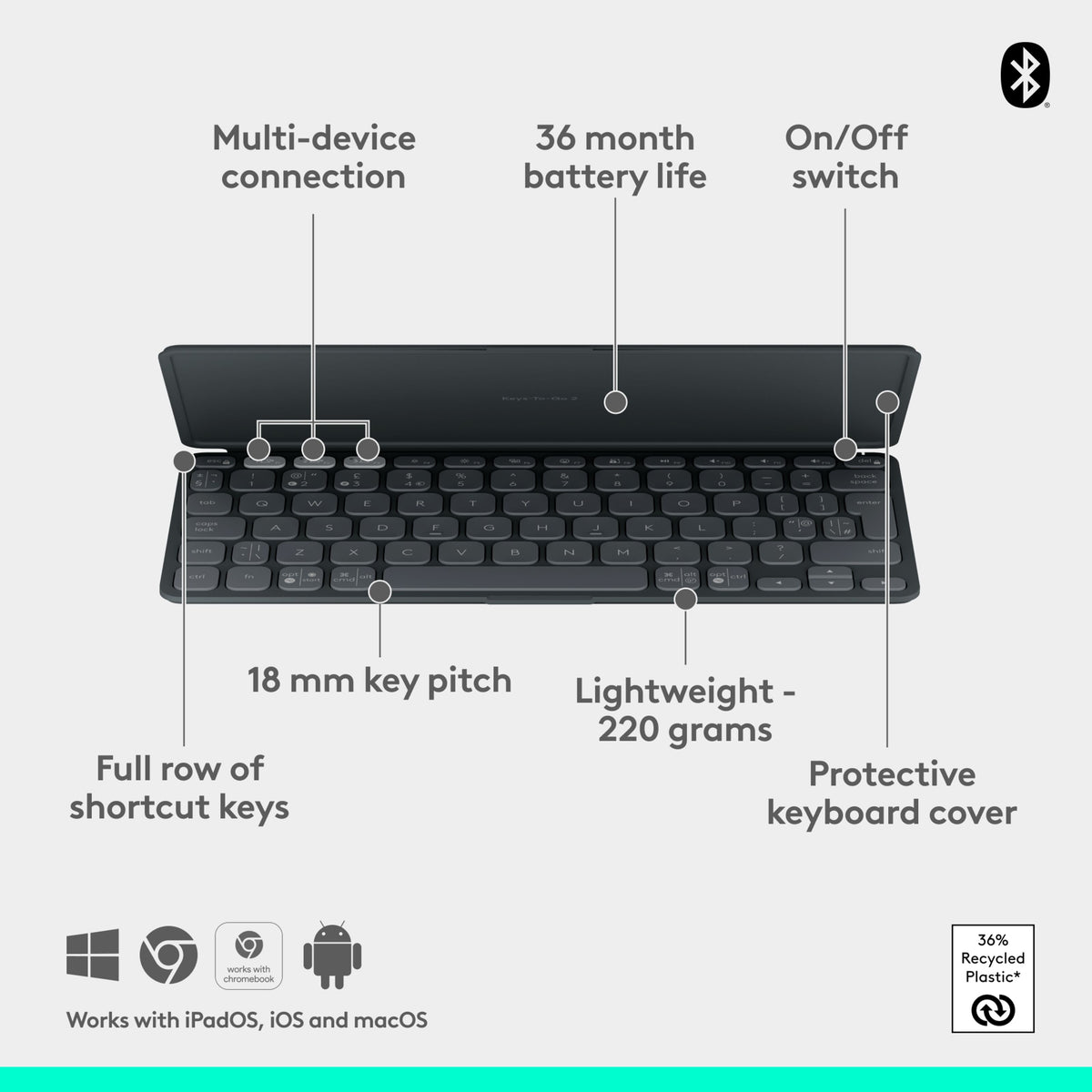 Logitech Keys-To-Go 2 bærbart Bluetooth-tastatur, sort, med beskyttelsescover, forbindelse til flere enheder og genvejstaster.