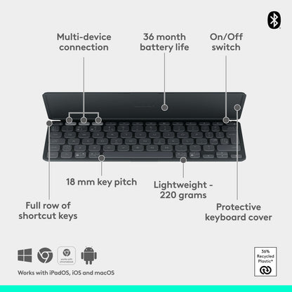 Logitech Keys-To-Go 2 bærbart Bluetooth-tastatur, sort, med beskyttelsescover, forbindelse til flere enheder og genvejstaster.