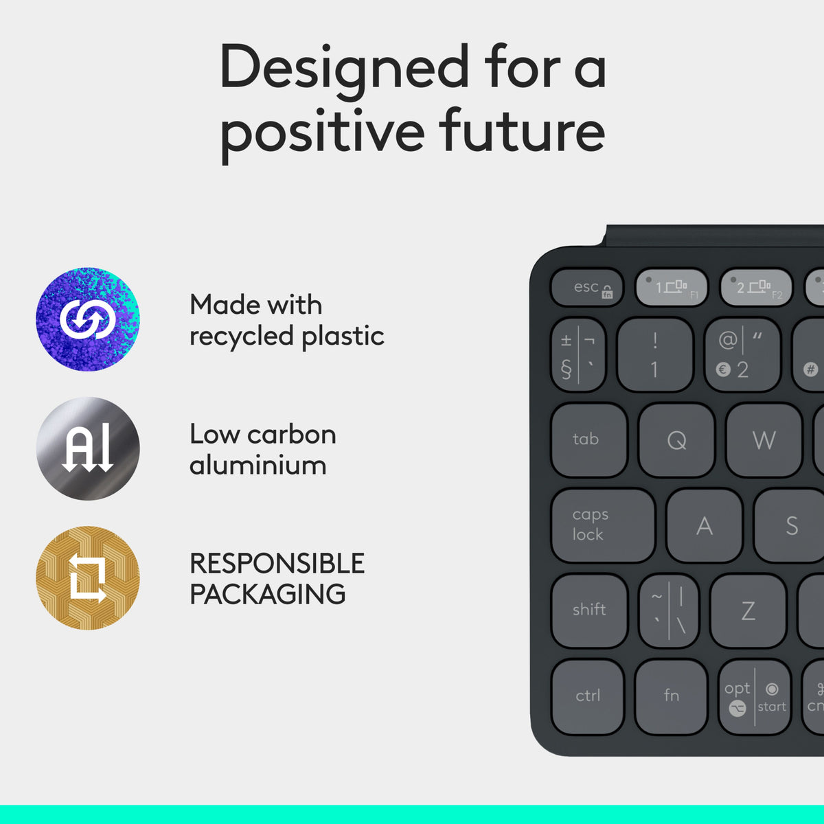 Sorter Logitech Keys-To-Go 2 bærbart Bluetooth-tastatur efter ikoner for genbrugsplast, CO₂-reduceret aluminium og emballage.