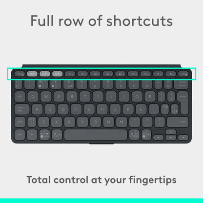 Logitech Keys-To-Go 2, et sort Bluetooth-tastatur med den øverste række af funktionstaster markeret i et turkis rektangel.