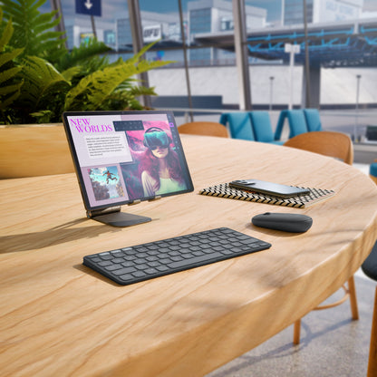 Logitech Keys-To-Go 2 Bluetooth-tastatur, en mus i småstensform og en tablet på et stativ på et træbord.