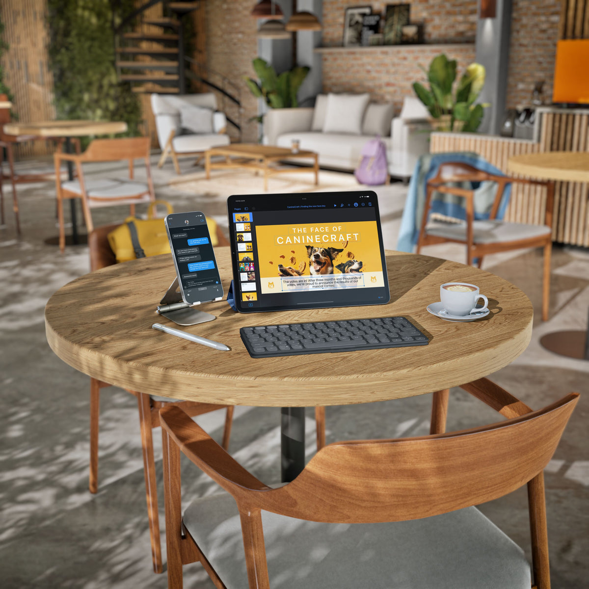 Logitech Keys-To-Go 2 – et bærbart Bluetooth-tastatur ved siden af en tablet, en smartphone, en stylus og en kaffekop på et træbord.