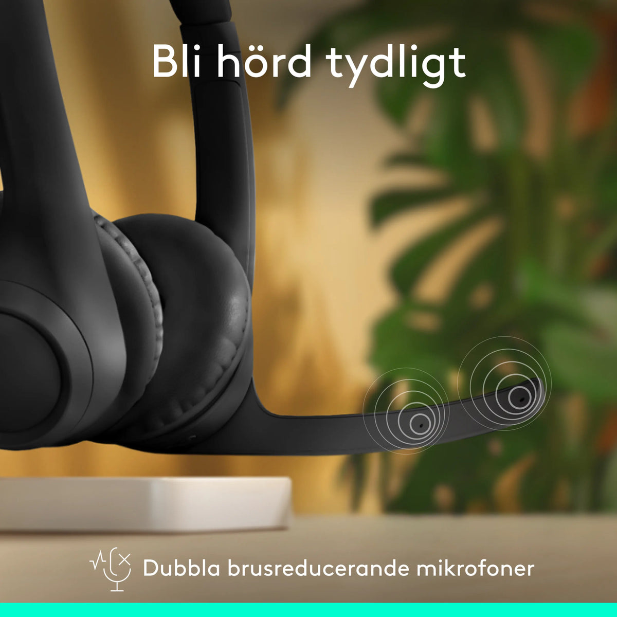 Logitech Zone 300 trådløst Bluetooth-headset i farven Graphite med boom-mikrofon, lydbølger og svensk tekst.