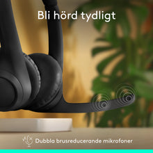 Logitech Zone 300 trådløst Bluetooth-headset i farven Graphite med boom-mikrofon, lydbølger og svensk tekst.