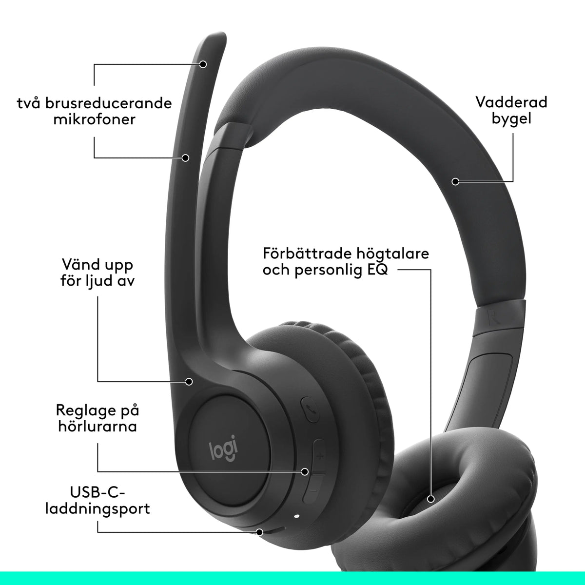 Logitech Zone 300 trådløst Bluetooth-headset i grafitfarve med boom-mikrofon, støjreduktion, flip-to-mute-funktion, USB-C og hovedbøjle.