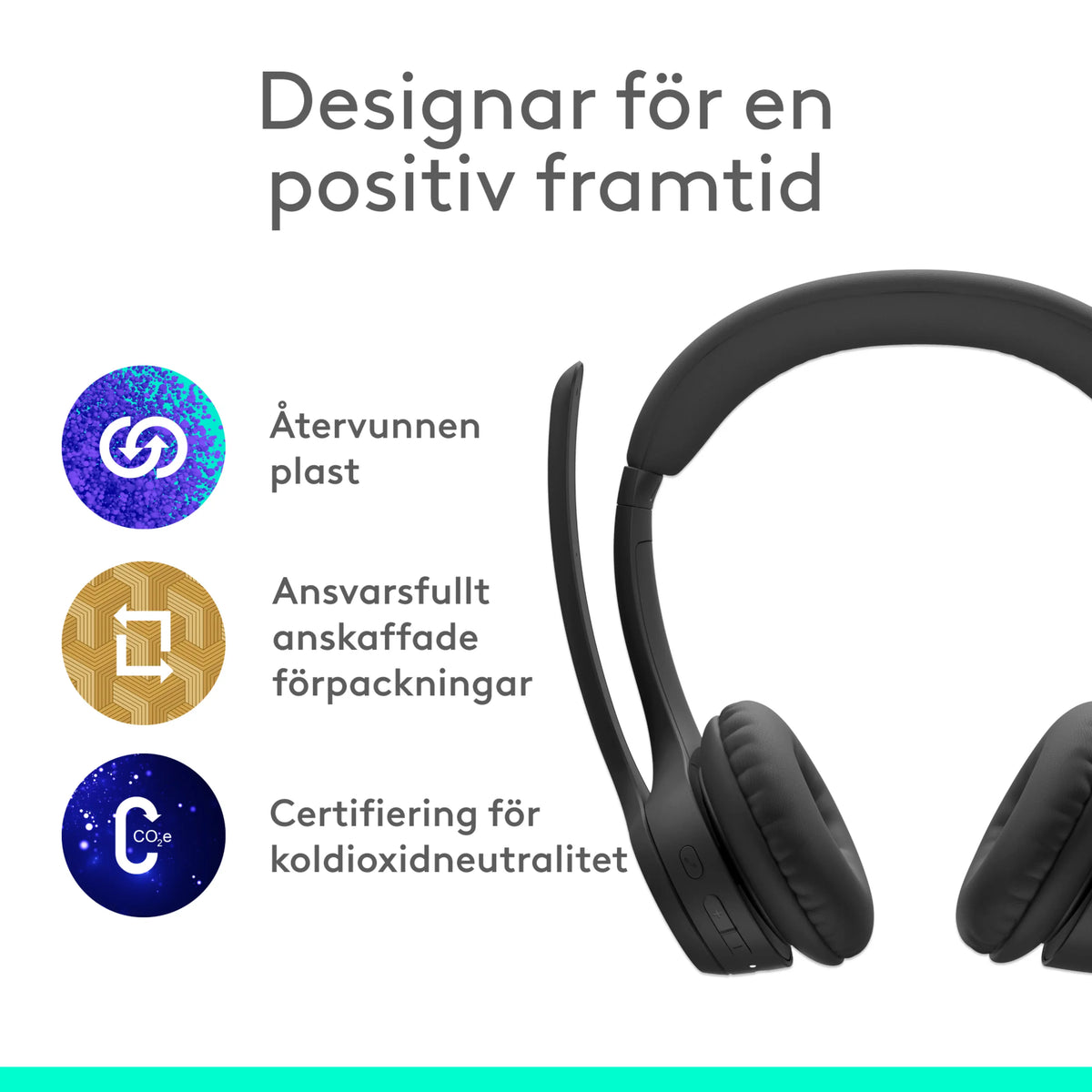 Logitech Zone 300 trådløst Bluetooth-headset i grafitfarve med boom-mikrofon og ikoner for genanvendt plast og CO2-neutralitet.