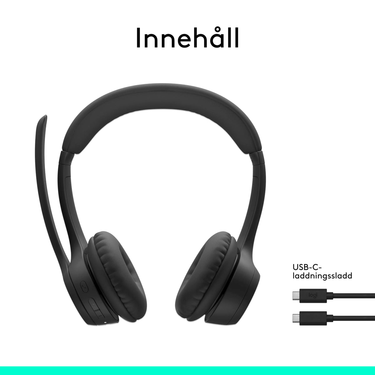 Logitech Zone 300 trådløst Bluetooth-headset i grafitfarve med boom-mikrofon og USB-C-opladerkabel.