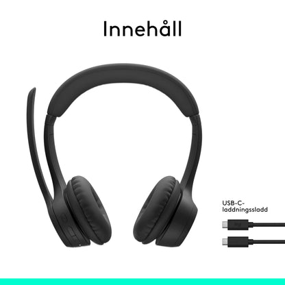 Logitech Zone 300 trådløst Bluetooth-headset i grafitfarve med boom-mikrofon og USB-C-opladerkabel.