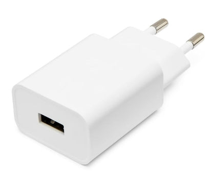USB oplader 2,4 A 12 W hvid med to runde stikben og én USB-A port.