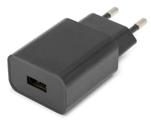 Mini USB oplader 2,4 A 12 W sort med to runde EU-stikben og synlig USB-A port, set fra skrå vinkel.