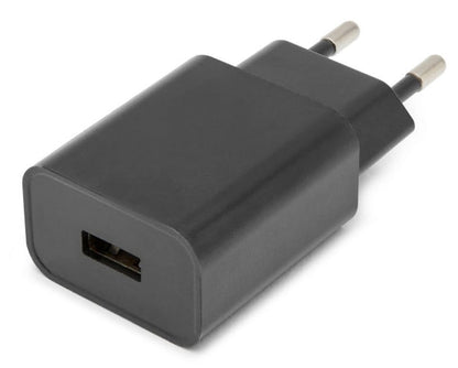 Mini USB oplader 2,4 A 12 W sort med to runde EU-stikben og synlig USB-A port, set fra skrå vinkel.