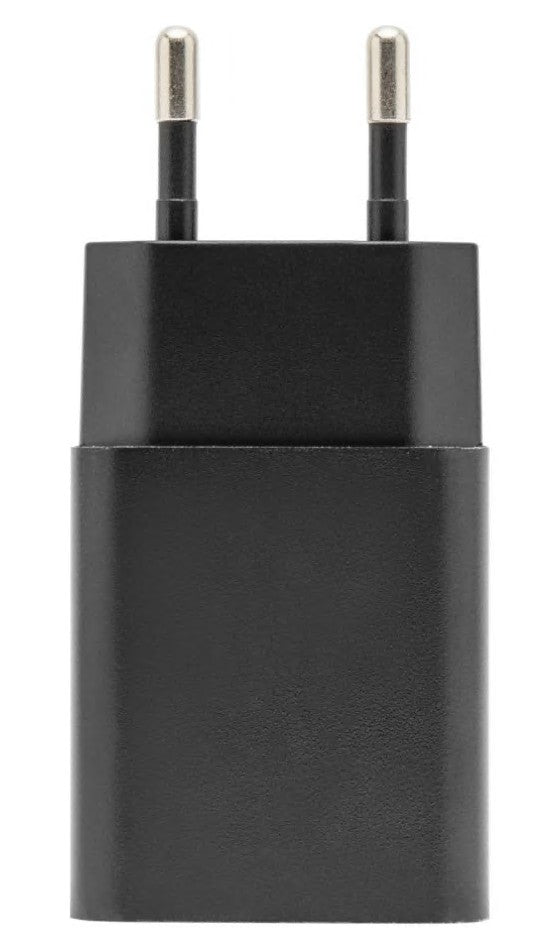 Sort Mini USB oplader 2,4 A (12 W) med to runde europæiske stikben.