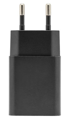 Sort Mini USB oplader 2,4 A (12 W) med to runde europæiske stikben.