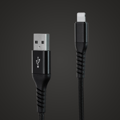 Linocell Kevlar USB-A til Lightning-kabel 1m sort, MFi-certificeret, sort flettet kabel med USB-symbol på stikket.