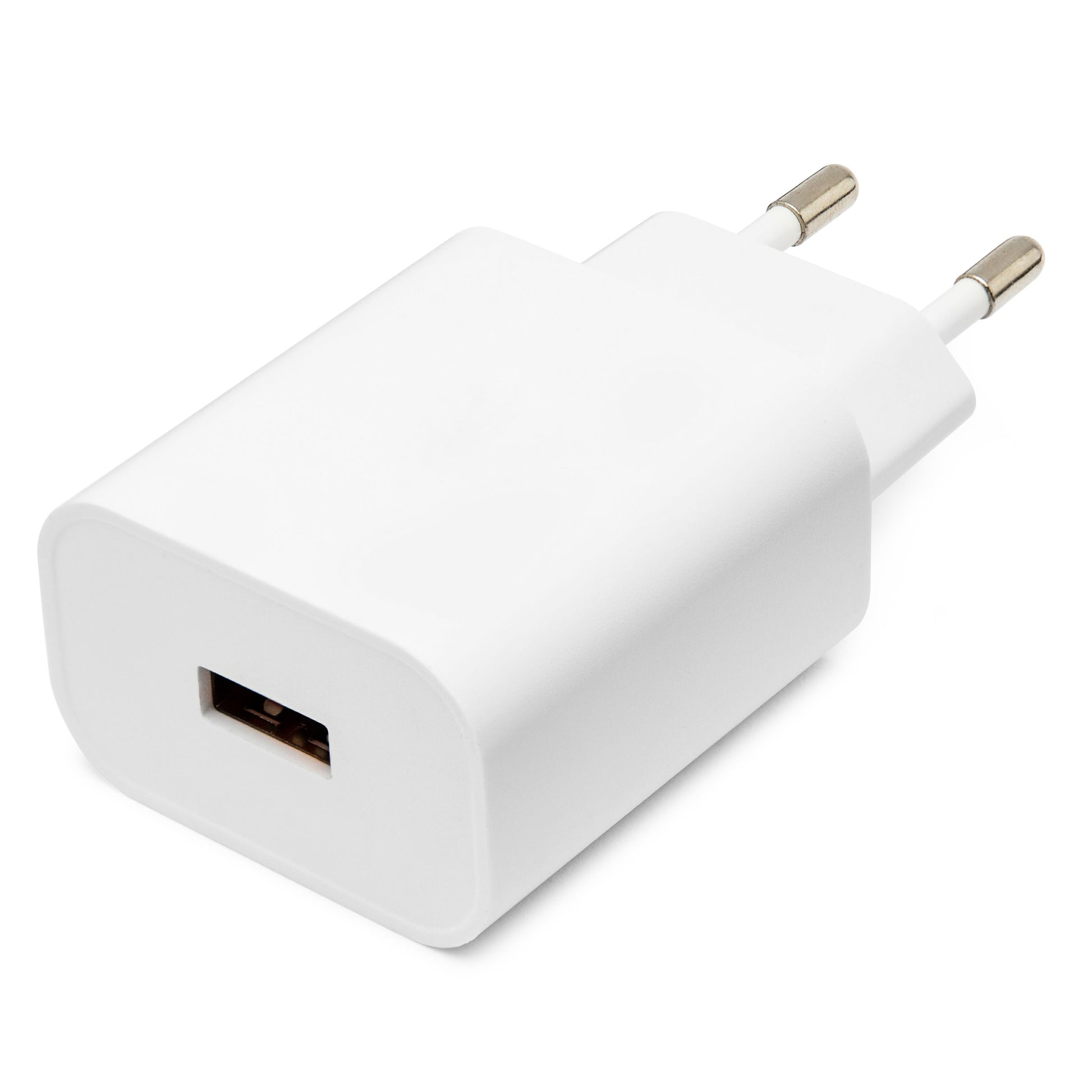 USB-oplader Quick Charge 3.0 18W hvid med to runde stikben og én USB-port til EU-stik, understøtter hurtig opladning.