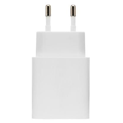 USB-oplader Quick Charge 3.0 18W, hvid, europæisk tobenet stikadapter, vises lodret.