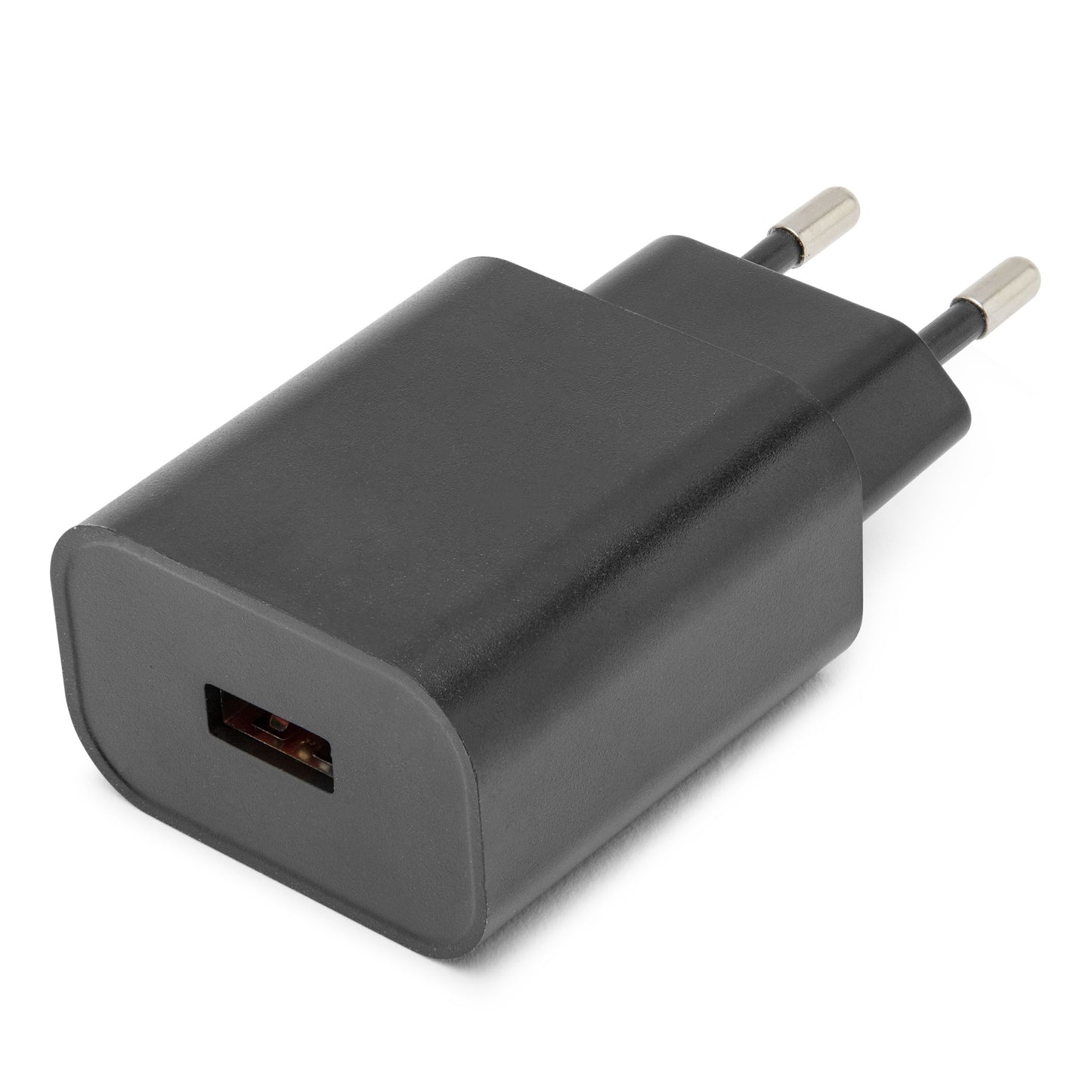 USB-oplader Quick Charge 3.0 18W sort med to runde europæiske stikben og synlig USB-port.