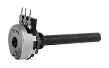Panelpotentiometer 10 kΩ, metalhus, sort lang aksel, tre terminaler, lineær bane.
