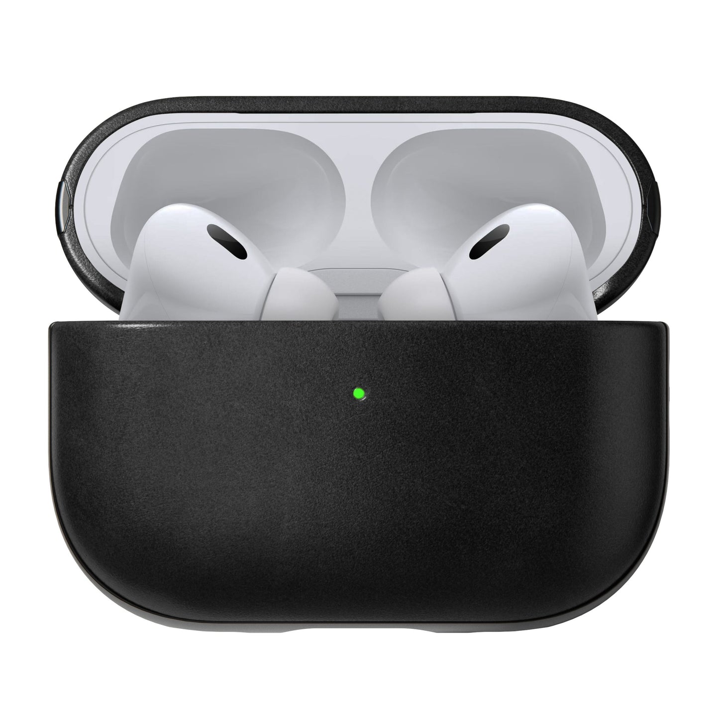 AirPods Pro i hvidt trådløst design i Robust etui, sort, med lille grøn indikatorlampe på fronten.