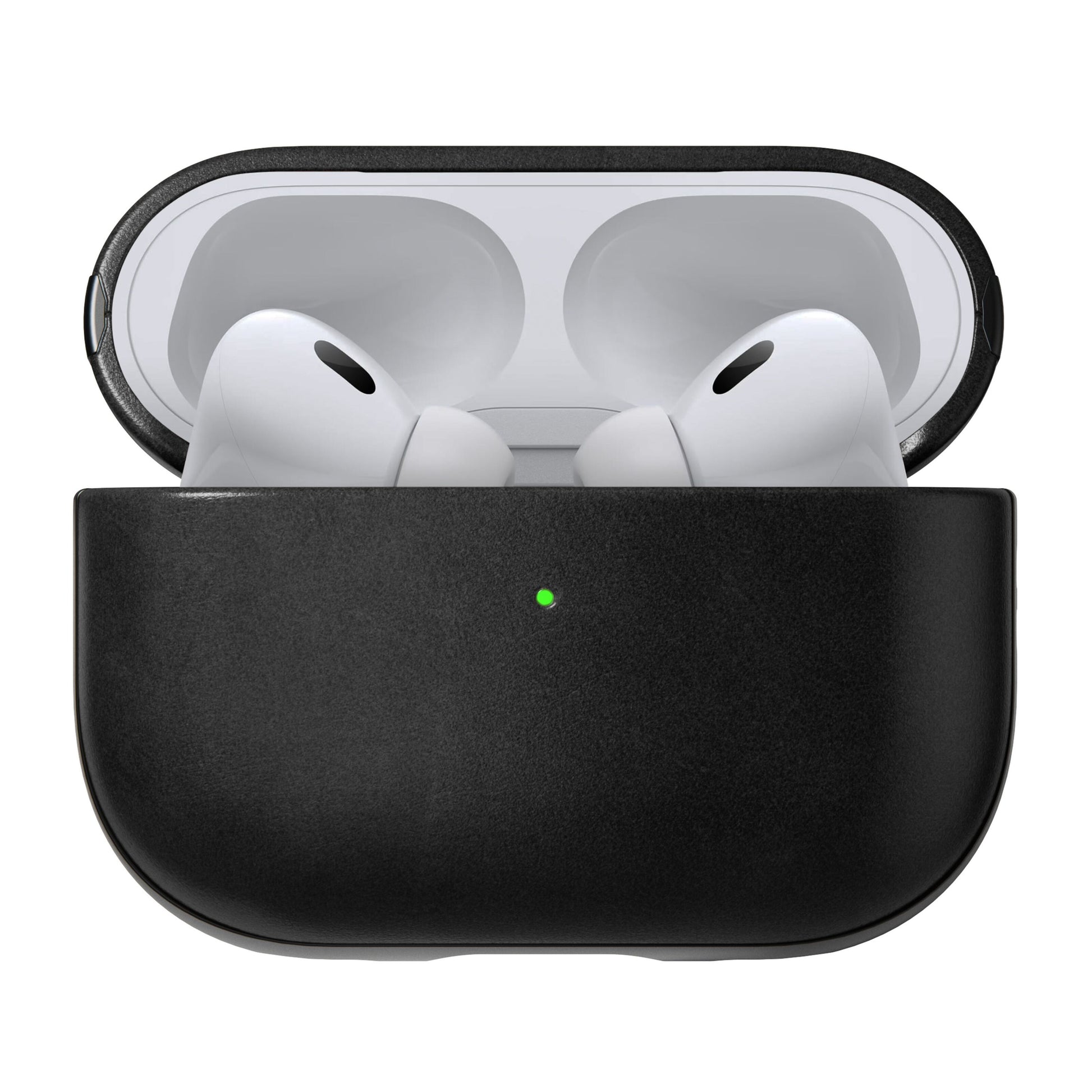 AirPods Pro i hvidt trådløst design i Robust etui, sort, med lille grøn indikatorlampe på fronten.